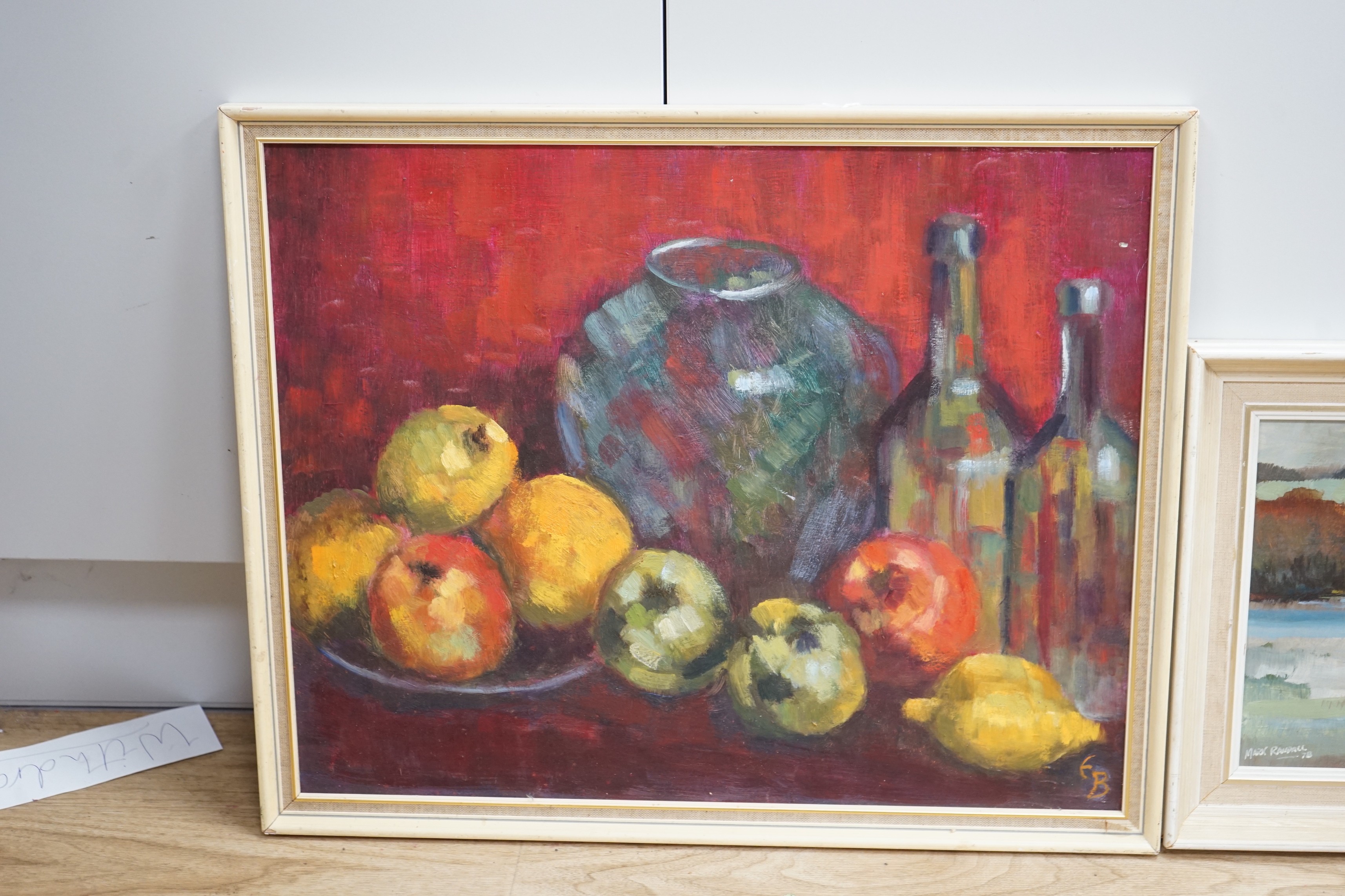 Mark Randall (1921-2011), oil on board, 'Across the bay at Laugharne', signed and dated '78, 21 x 42cm and an oil still life, initialled EB, 40 x 50cm